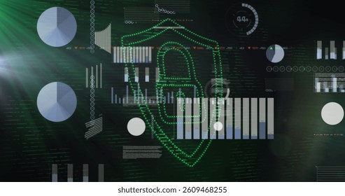 Image of online security padlock over data processing on screens. global internet security, technology, connections and digital interface concept digitally generated image.