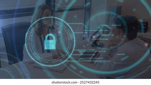 Image of online security padlock and scope over caucasian female doctor. global medicine, healthcare services, connections and data processing concept digitally generated image.