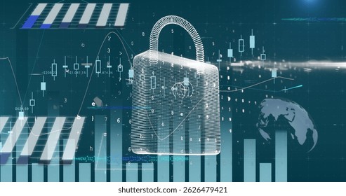 Image of online security padlock, statistics and financial data processing over city. global business, finance, computing and data processing concept digitally generated image.