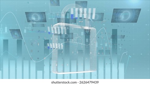 Image of online security padlock, statistics and financial data processing over city. global business, finance, computing and data processing concept digitally generated image.