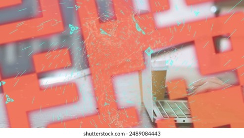 Image of online security qr code over woman using laptop. Global online security, business, finance, computing and data processing concept digitally generated image.