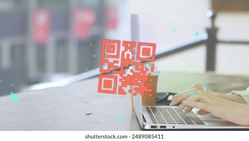 Image of online security qr code over woman using laptop. Global online security, business, finance, computing and data processing concept digitally generated image.