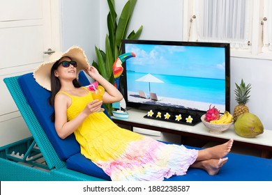 Image Of Online Tour Woman Enjoying Resort Atmosphere At Home