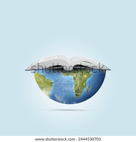 Image of an open book on a hal cut globe earth isolated over white background. World book days concept. Academic, literature, education and knowledge.