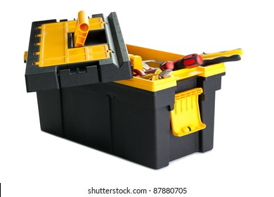 Image Of Open Tool Box With Tools On White Background