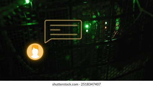 Image of orange chat bot message icon over glowing computer server in dark room. Data, digital interface, connection, processing, network and communication, digitally generated image.