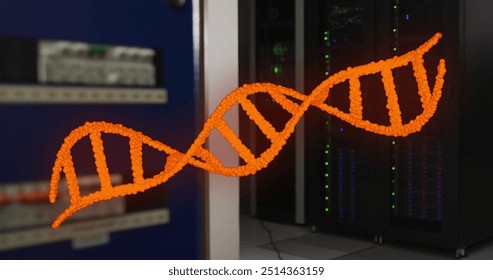 Image of orange dna strand over dark computer servers. Digital interface, data, medical research, healthcare, connection and communication, digitally generated image. - Powered by Shutterstock