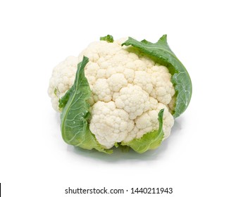 An Image Of Organic Fresh Head Of Cauliflower. Low Carbohydrates, Ketogenic Friendly Vegetables. Ketogenic Diet Concept. Isolated On White Background. Harvest Right From The Home Garden. Norway.