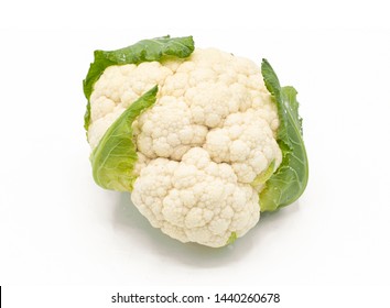 An Image Of Organic Fresh Head Of Cauliflower. Low Carbohydrates, Ketogenic Friendly Vegetables. Ketogenic Diet Concept. Isolated On White Background. Harvest Right From The Home Garden. Norway.