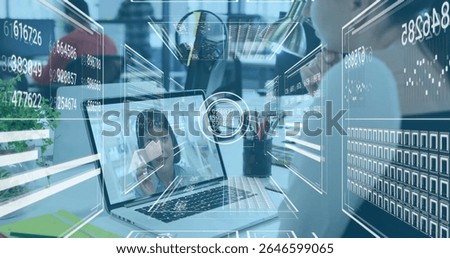 Image overlaying digital interface on laptop during image call in office. Technology, virtual meeting, remote working, innovation, software, communication