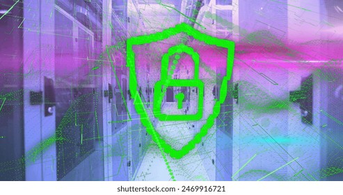 Image of padlock with abstract lines moving over data server systems. Digital composite, data center, security, networking, technology, network server, coding, data processing.