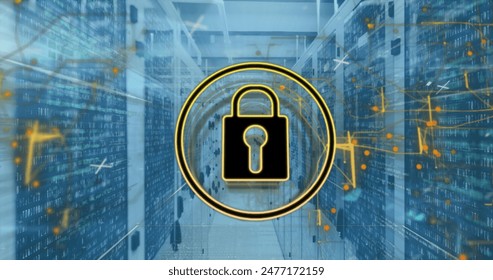 Image of padlock in circle and navigation pattern over binary codes on data server racks. Digital composite, protection, security, computer language, data center, networking and technology.