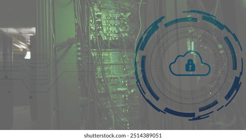 Image of padlock, cloud and digital data processing over computer servers. Global cyber security, connections, cloud computing and data processing concept digitally generated image.