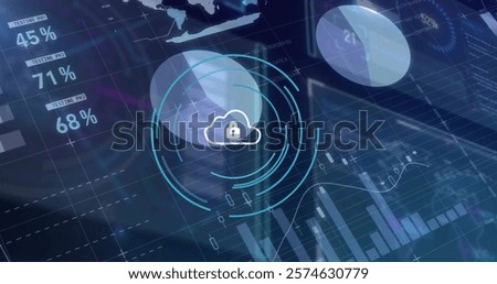 Image of padlock and cloud icon and computer data processing over dark background. Global finance, business, connections, computing and data processing concept digitally generated image.