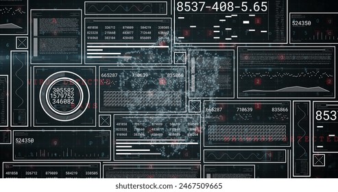 Image of padlock, cloud, shield, graphs, loading bars and circles with numbers, letters, symbols. Digitally generated, hologram, illustration, cloud computing, protection and technology concept.
