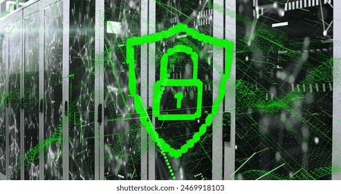 Image of padlock with connected dots and abstract patterns over data server systems. Digital composite, data center, security, networking, technology, network server, coding, data processing.