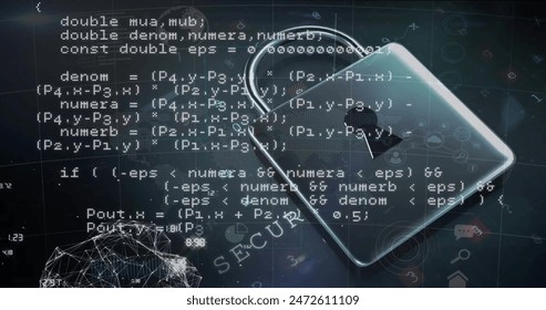Image of padlock, connections and data processing over dark background. Global cyber security, connections, computing and data processing concept digitally generated image.