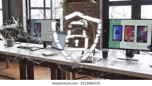 Image of padlock, connections and data processing over computers on desks in office. Global finance, business, connections, computing and data processing concept digitally generated image.