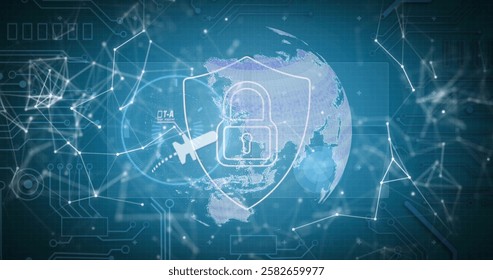 Image of padlock, connections with icons and digital data processing over globe. Global connections, computing and data processing concept digitally generated image.