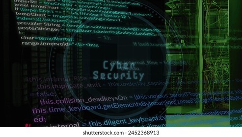 Image of padlock, cyber security text, computer language over data server systems. Digital composite, coding, data processing, protection, networking, technology, data centre and network server. - Powered by Shutterstock - Get 15% off with code: PIKWIZARD15