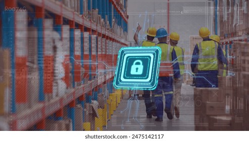 Image of padlock and data processing over diverse workers walking in warehouse. Global business, delivery and digital interface concept digitally generated image.