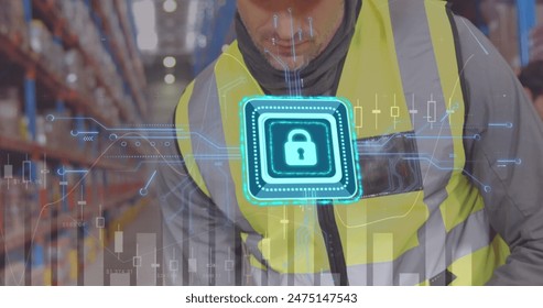 Image of padlock and data processing over caucasian male worker working in warehouse. Global business, delivery and digital interface concept digitally generated image. - Powered by Shutterstock