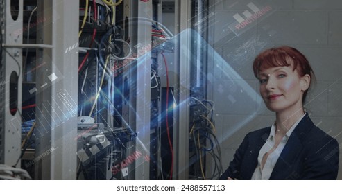 Image of padlock, data processing over computer servers and caucasian female it engineer. global internet security, data processing and digital interface concept digitally generated image.