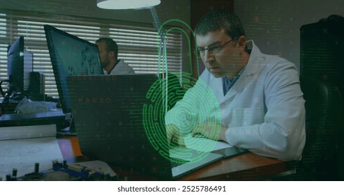 Image of padlock and data processing over caucasian male scientist using laptop. Global cyber security, science, computing and data processing concept digitally generated image. - Powered by Shutterstock