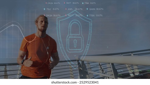 Image of padlock and data processing over caucasian man running in city. Global sports, business, finances, computing and data processing concept digitally generated image.