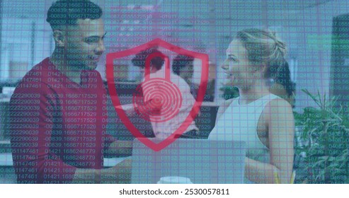 Image of padlock and data processing over diverse business people in office. Global cyber security, business, connections, computing and data processing concept digitally generated image.