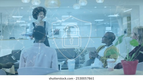 Image of padlock and data processing over diverse business people in office. Global cyber security, business, connections, computing and data processing concept digitally generated image. - Powered by Shutterstock