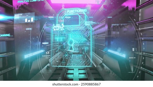 Image of padlock and data processing over dark background. Global cyber security, connections, computing and data processing concept digitally generated image.