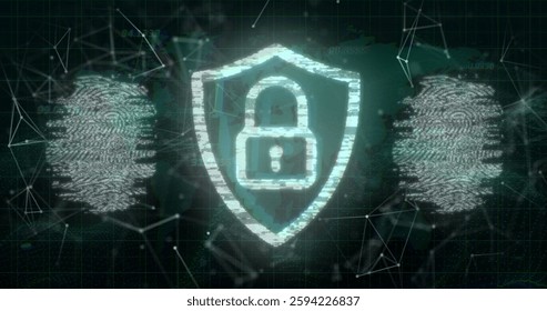 Image of padlock and data processing over biometric fingerprints. Global cyber security, connections, computing and data processing concept digitally generated image.