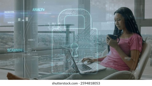 Image of padlock and data processing over biracial woman using laptop. Global finance, business, connections, computing and data processing concept digitally generated image.