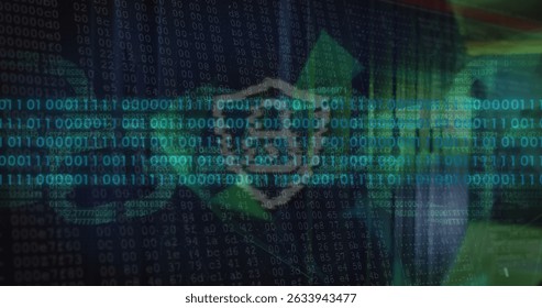 Image of padlock and data processing over server room. Global business and digital interface concept digitally generated image.