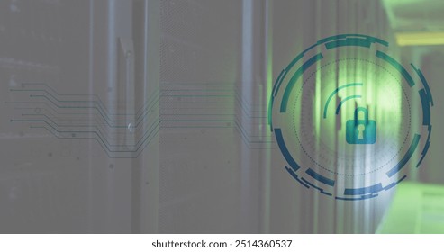 Image of padlock and digital data processing over computer servers. Global cyber security, connections, cloud computing and data processing concept digitally generated image.