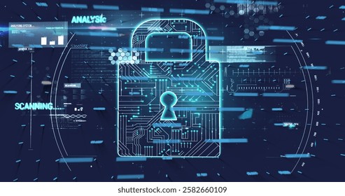 Image of padlock and digital data processing over dark background. Global connections, computing and data processing concept digitally generated image.
