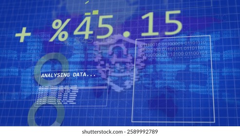 Image of padlock and digital data processing over world map. Global connections, computing and data processing concept digitally generated image.
