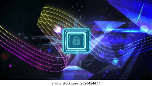 Image of padlock icon with computer circuit board over light trails on black background. Global technology, communication, computing and digital interface concept digitally generated image. - Powered by Shutterstock - Get 15% off with code: PIKWIZARD15