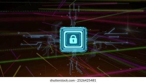 Image of padlock icon with computer circuit board over light trails on black background. Global technology, communication, computing and digital interface concept digitally generated image. - Powered by Shutterstock - Get 15% off with code: PIKWIZARD15