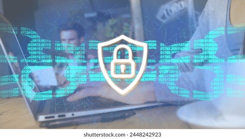 Image of padlock icon and data processing over caucasian woman using laptop. Global technology, online security and digital interface concept digitally generated image.