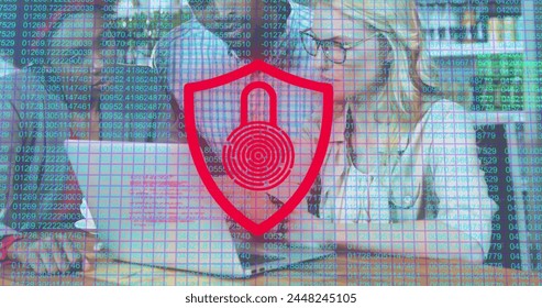 Image of padlock icon and data processing over caucasian woman using laptop. Global technology, online security and digital interface concept digitally generated image.