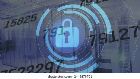 Image of padlock icon and data processing over server room. Global business and digital interface concept digitally generated image.