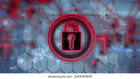 Image of padlock icon and data processing. Global cyber security, connections, digital interface, communication, computing and data processing concept digitally generated image.