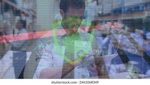 Image of padlock icon and data processing over caucasian male worker in warehouse. Global shipping, delivery and digital interface concept digitally generated image. - Powered by Shutterstock