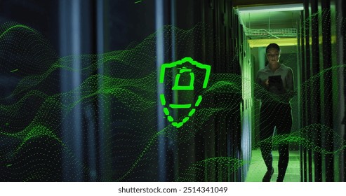 Image of padlock icon and data processing over caucasian female it engineer by computer servers. Global business, connections, computing and data processing concept digitally generated image.