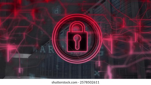Image of padlock icon and data processing over server room. Global technology, computing, online security and digital interface concept digitally generated image.