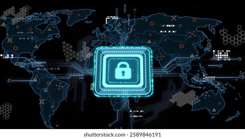 Image of padlock icon and data processing with circuit board. Global finance, business, connections, computing and data processing concept digitally generated image.