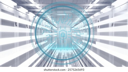 Image of padlock icon, digital data processing over computer servers. Global cyber security, connections, computing and data processing concept digitally generated image.