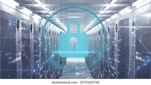 Image of padlock icon, digital data processing over computer servers. Global cyber security, connections, computing and data processing concept digitally generated image.